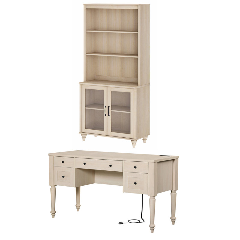 2 Piece Office Set, 56" Executive Desk & Bookcase With Glass Doors, Beige