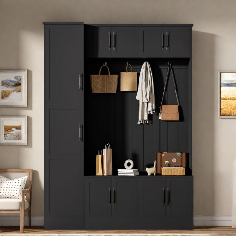 4-in-1 Tall Modern Hall Tree With Shoe Storage,  Cabinets, Coat Hooks, Metal Handles And Adjustable Shelves, White