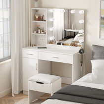 White Makeup Vanity with 10 Light Bulbs Modern Vanity Table with