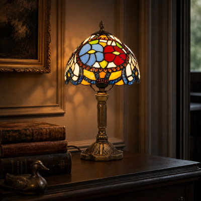 Lampe de table 14,2 "en verre coloré style Tiffany avec base en résine bronze antique et ampoule E26