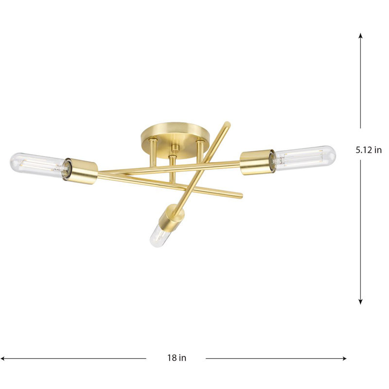 Plafonnier semi-encastré trois lumières 18 po, Laiton satiné, Laiton satiné