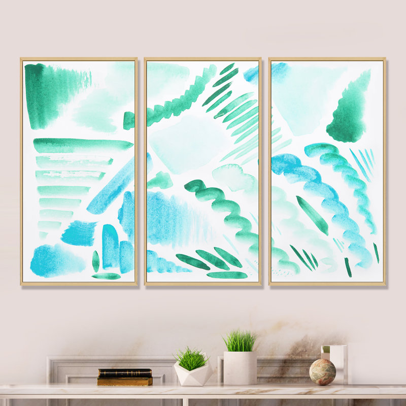 Éléments graphiques rétro en bleu et vert I - ensemble d'art mural moderne sur toile encadrée 3, H 20 po x l 36 po x P 1 po