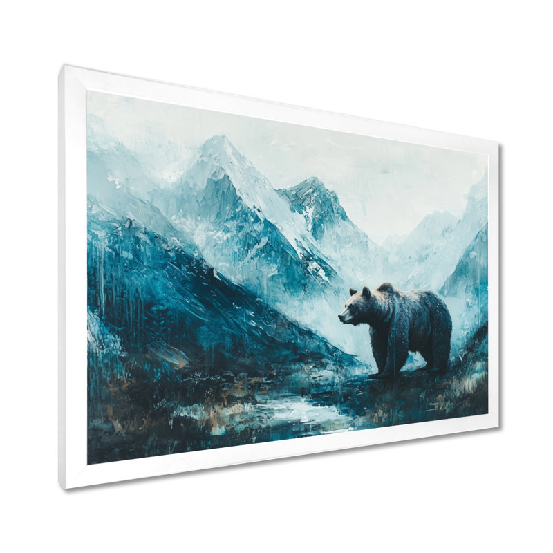 Ours dans la vallée de la montagne I - art mural ours, H 16 po x l 32 po, Avec cadre, Blanc