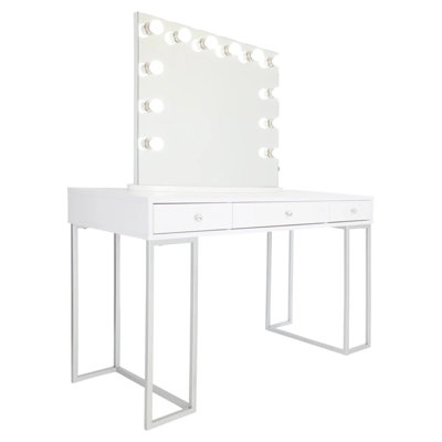 Celeste Premium Makeup Desk with 3 Drawers and Crystal Knobs, Dresser Desk with Silver Coloured Metal Legs