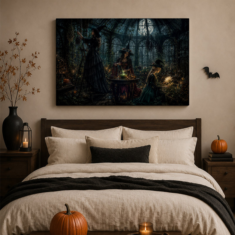 «Three Witches Brewing Green Potion in Moonlit», art mural sur toile, H 20 po x l 30 po