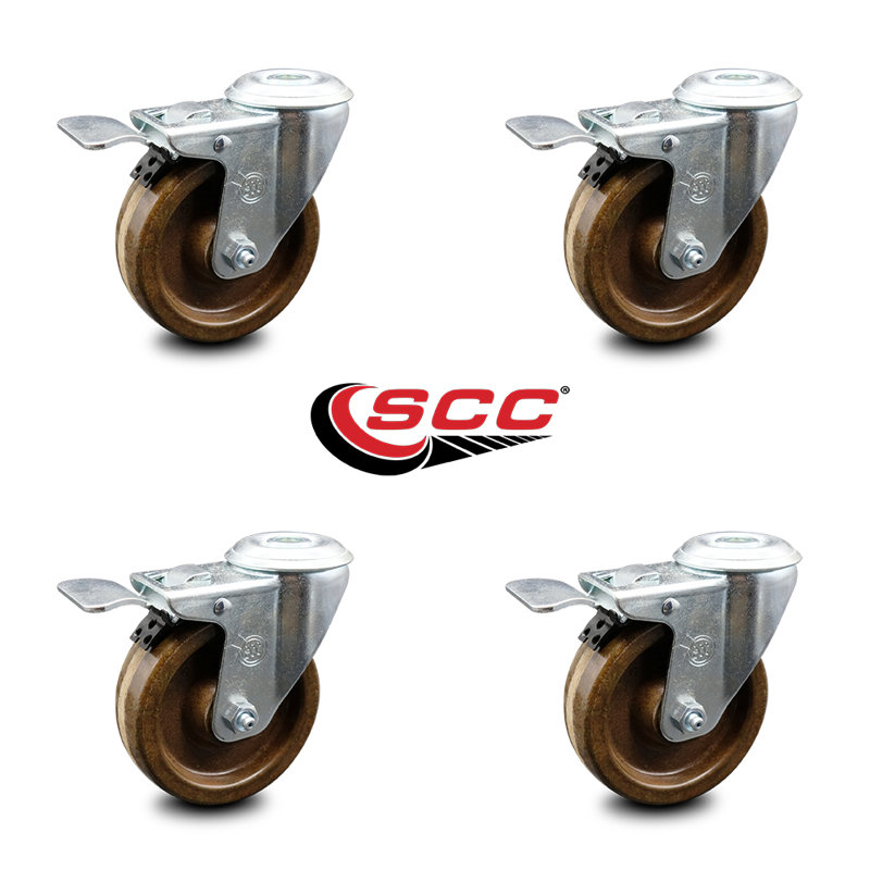 4 Inch High Temp Phenolic Swivel Bolt Hole Caster Set with Total Lock Brake SCC
