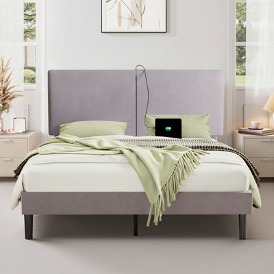 Upholstered Bed with Charging Station Queen Size Wood Slat Platform Bed Frame Modern USB Port Adjustable Headboard, No Box Spring Needed, Gray