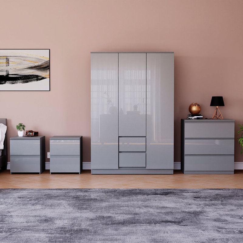 Taniesha 4 Piece Bedroom Set (2 Drawer Bedside Chest X2, 3 Drawer Chest, 2 Door 2 Drawer Wardrobe), (100% FSC), Grey