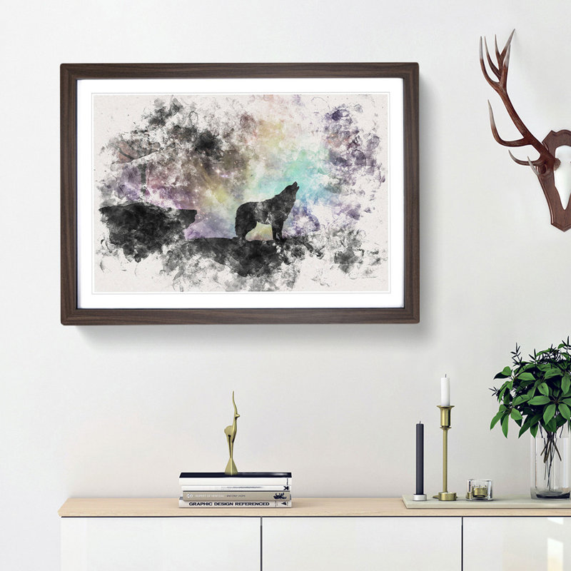Howling Wolf with a Galaxy Forest - Picture Frame Painting Print, 36cm H x 48cm W x 2cm D, Walnut Framed