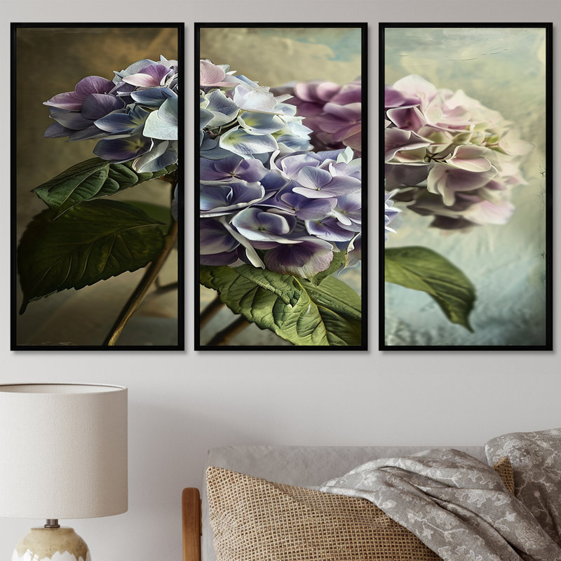 Ensemble de salon d'art mural Rolfe - Hydrangea, H 28 po x l 36 po x P 1 po, Cadre flottant noir