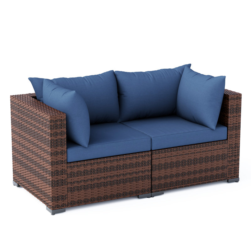 2-Piece Outdoor Modular Corner Sofa Set, All-Weather Wicker Rattan Patio Seating With Cushions & Pillow, Navy