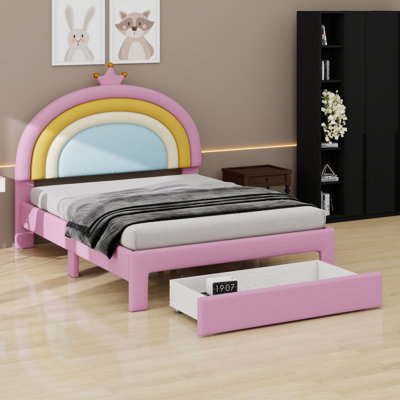 Stylish  Platform Bed, Upholstered Rainbow Design Princess Bed with Storage Drawer