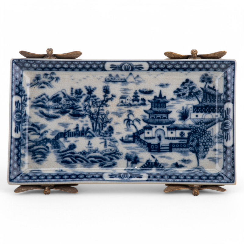 Porcelain Tray With Bronze Blue Willow