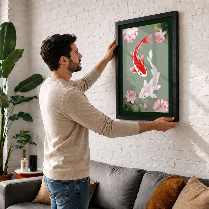 Koi and Lotus Japandi - Framed Print, A3 - 42.0 x 29.7 cm, White