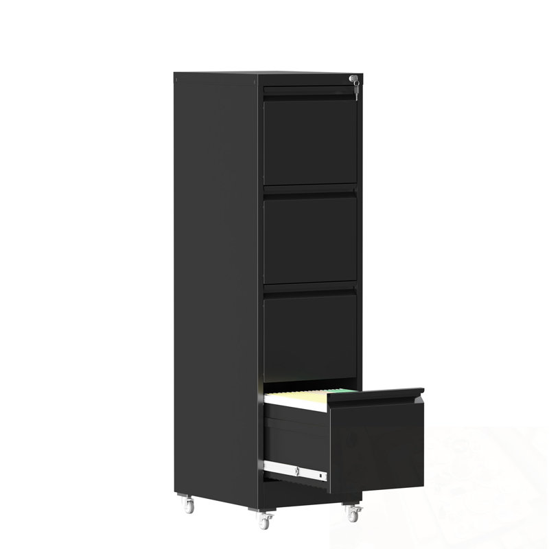 Metal Storage Filing Cabinet with Wheels, Lock and 4 Drawers, Black