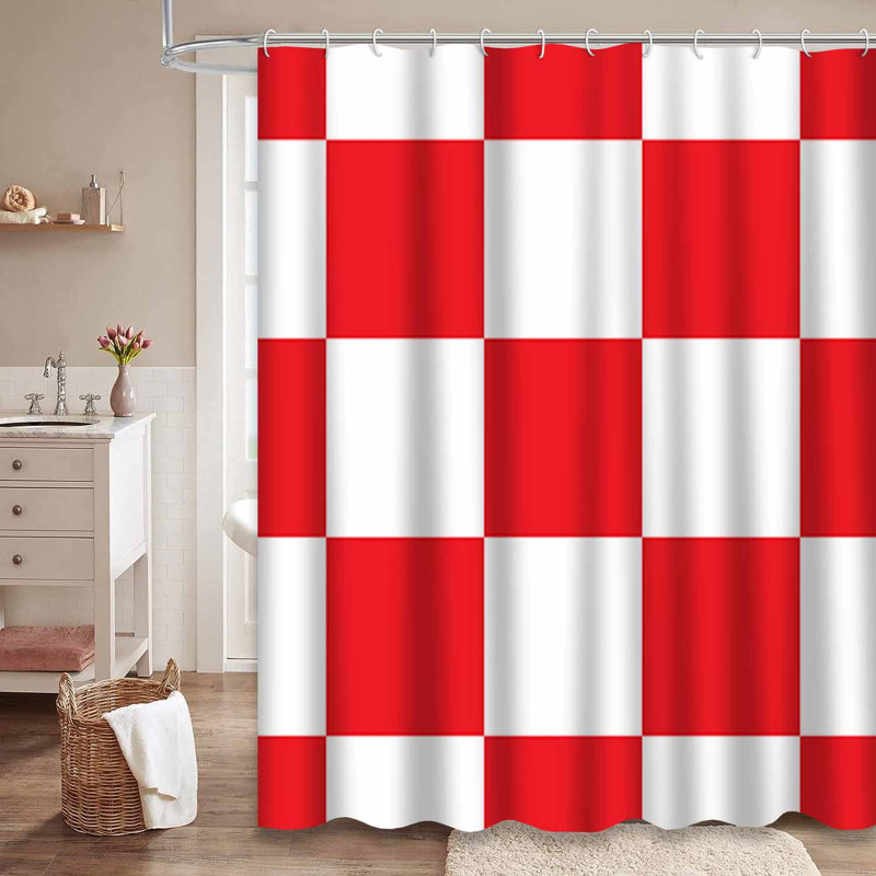 Rideau de douche carré rouge, noir, carré et blanc avec 12 crochets, L 72 po x l 72 po
