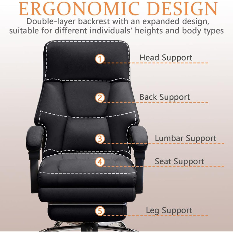 HDHNBA Height Adjustable Reclining Leather Office Chair Retractable Footrest 360 Degree Swivel Casters, Black