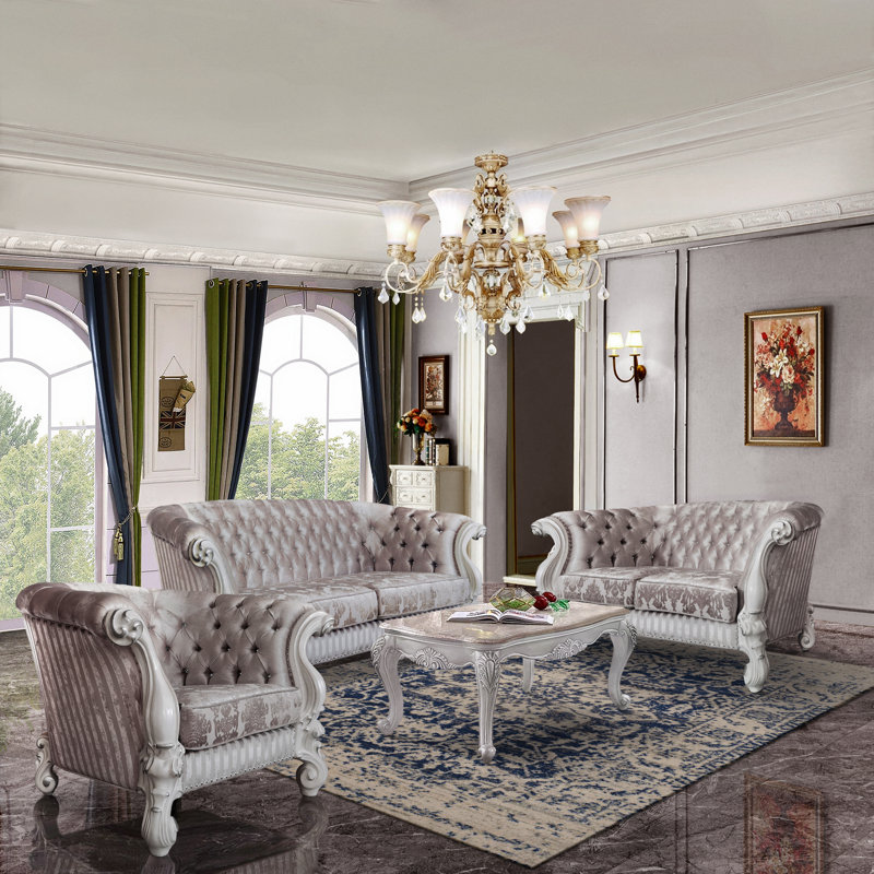 99" Ivory Velvet Tufted Sofa with Rolled Arms and Nailhead Trim