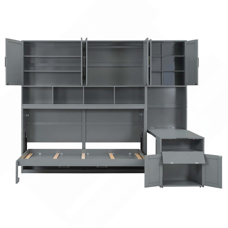 Lit escamotable mural simple avec placard, tiroirs et bureau - gris, Gris