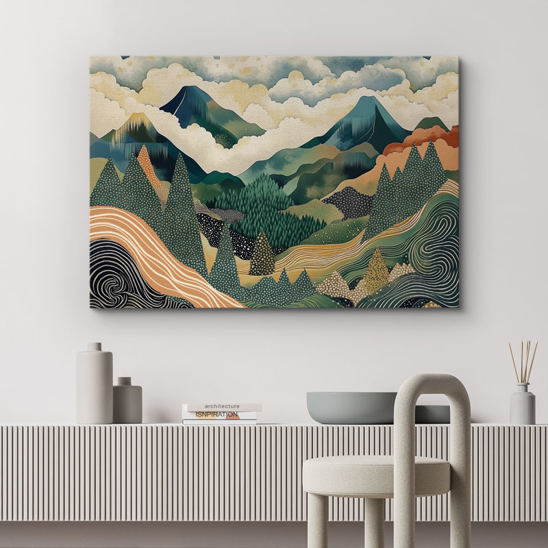 "Whimsical Mountain Scene", reproduction d'art sur toile - décor éclectique pour des espaces créatifs ou des chambres à coucher