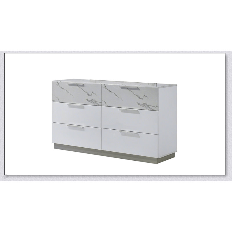Commode blanche brume - Finition bicolore très brillante en marbre et laque avec six tiroirs spacieux, intérieurs doublés de velours