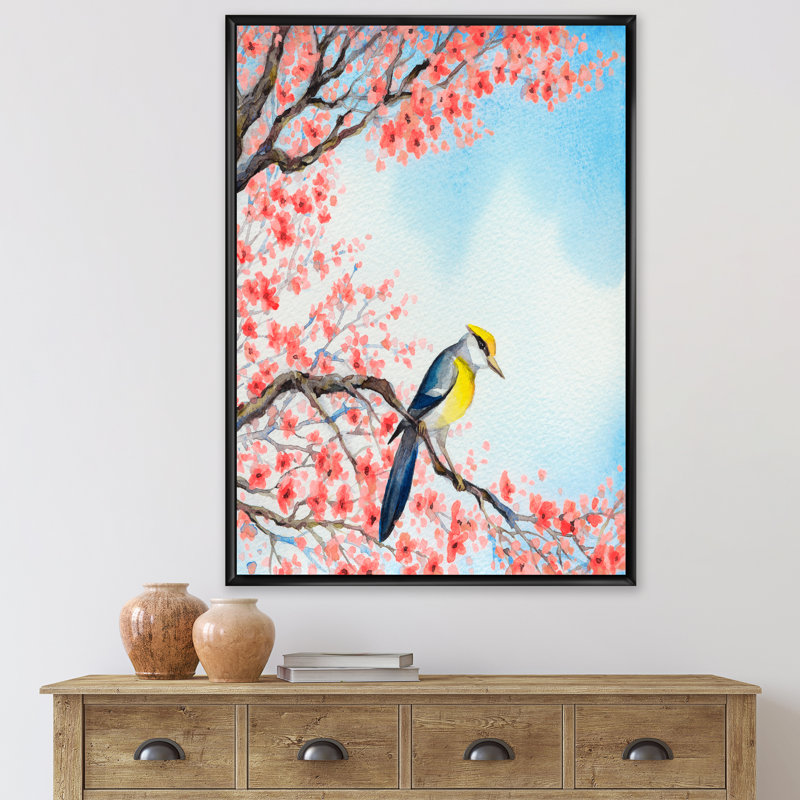 Bel oiseau rouge sur une branche en fleurs I - peinture sur toile, H 32 po x l 24 po x P 1 po, Cadre noir