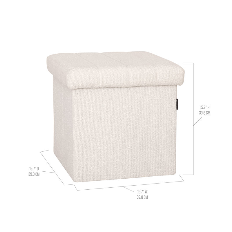 15.7" Upholstered Ottoman with Storage, White Boucle