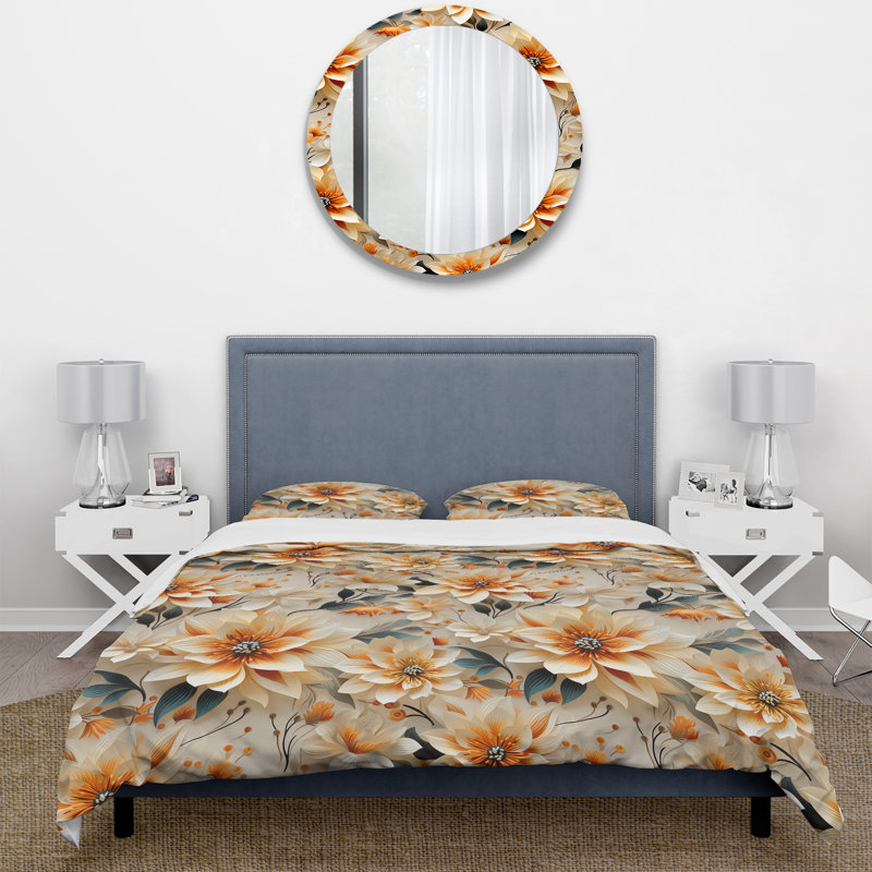 Ensemble de housse de couette à motif floral orange et beige, Housse de couette simple + 1 taie décorative stan