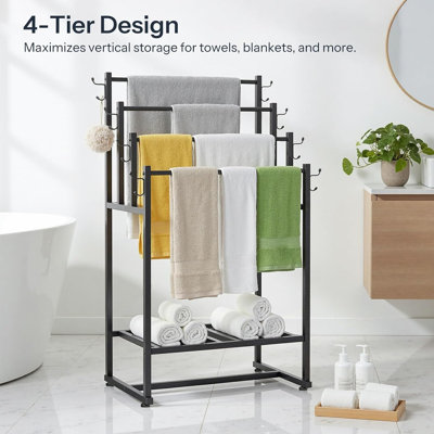 4-Tier Free Standing Towel Rack for Bathroom, Blanket Rack Stand, 23.6" L x 15.9" W x 40.7" H, Freestanding Quilt Stand, Blanket Display Holder for Bedroom, Industrial Style, Black