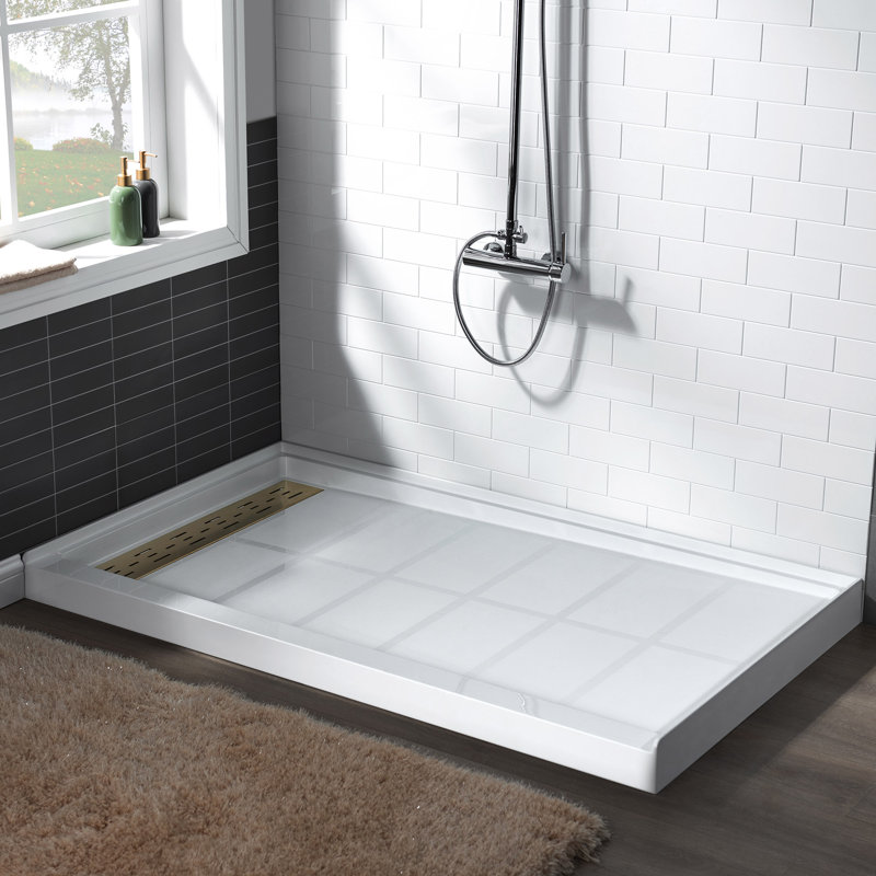 60" W x 32" D Solid Surface Single Threshold solid surfce Shower Pan Base with Drain Assembly & Drain Cover Included, Non-Slip