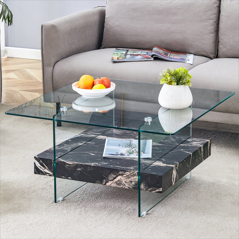 2-Tier Square Coffee Table, Black Marble