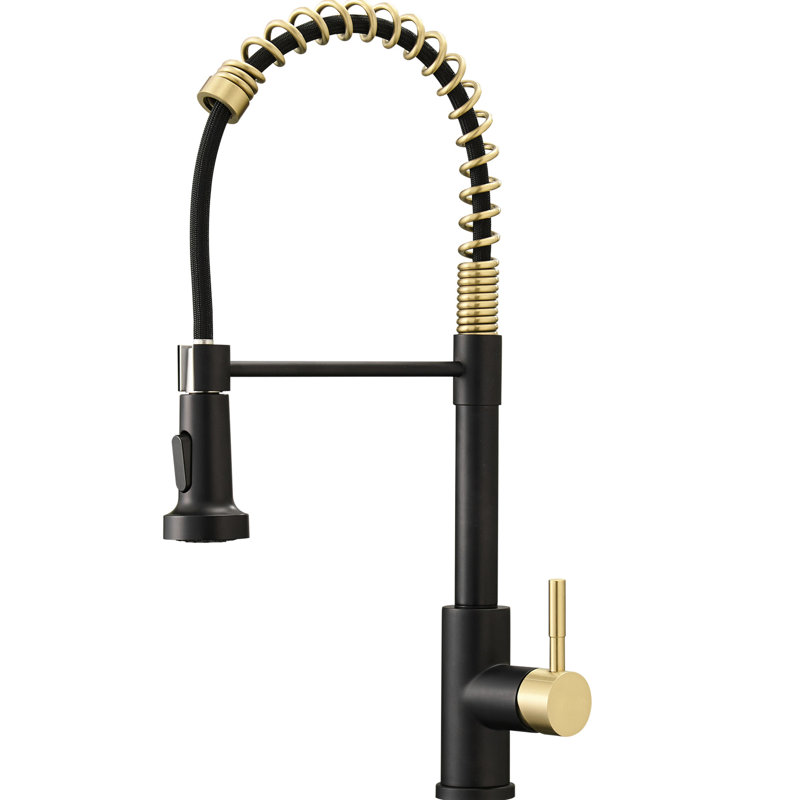 Robinet d'évier de cuisine contemporain avec raccord rétractable à ouverture vers le bas, raccord à bec réglable noir et nickel doré, volume