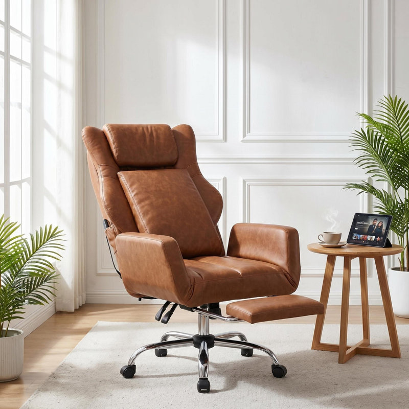 Ergonomic Cross Legged Office Chair With Footrest,leather Big And Tall Executive Chair With Wheels,reversible Armrest And Lumbar Pillow,135° Reclining Computer Wide Desk Chair For,office