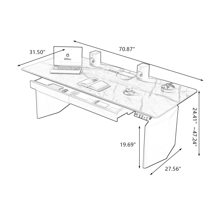 Black Rectangular Hight adjustable Sintered Stone + Carbon Steel with 2 drawers desk