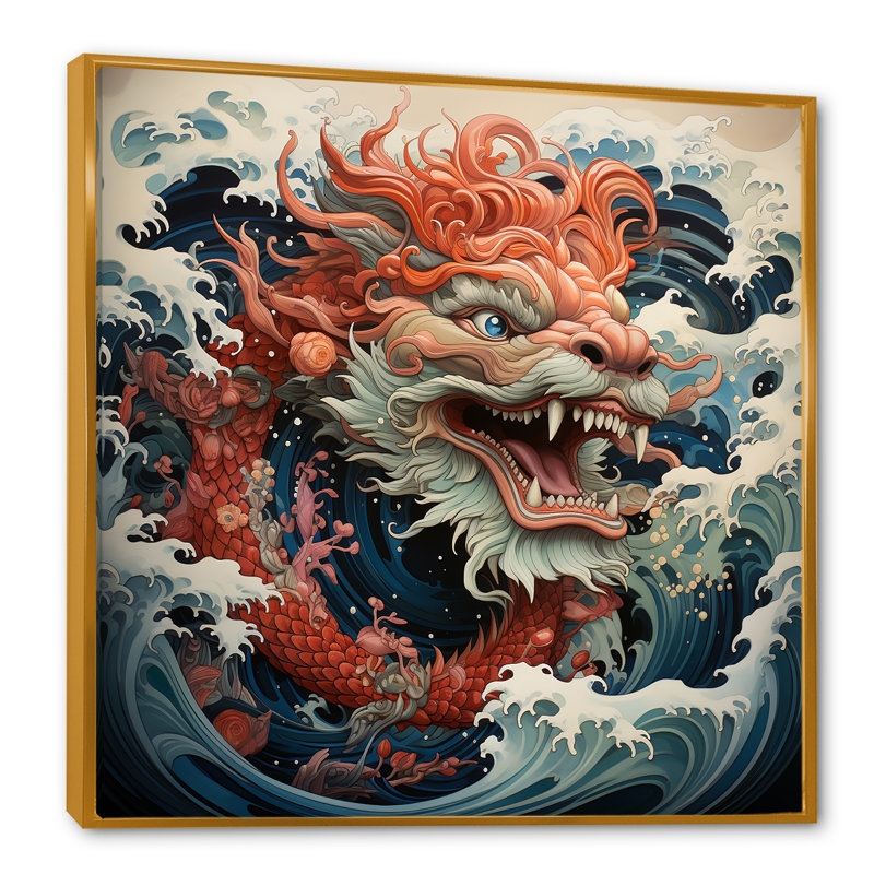 Vague de dragon japonais au large de Kanagawa V - art mural Dragons, Cadre flottant doré, H 36 po x l 36 po x P 1,5 po