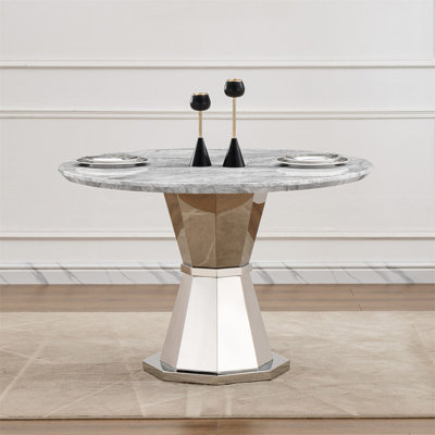 47" Round Marble Dining Table, Modern Kitchen Table with High Gloss Faux Marble Tabletop and Stainless Steel Base for Dining Room, Kitchen(only table)