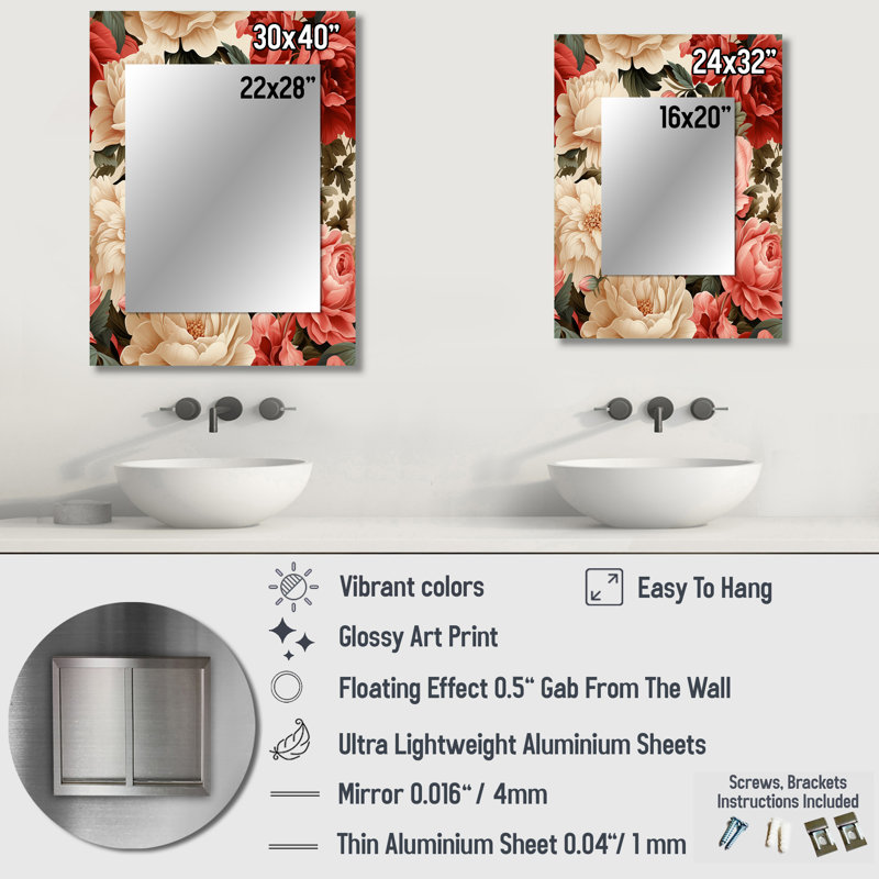 Bryceon Vintage Rose Floral Pattern - Floral Mirror, Cottage Unique Wall Mirror, Printed Metal Art, 40" x 30"