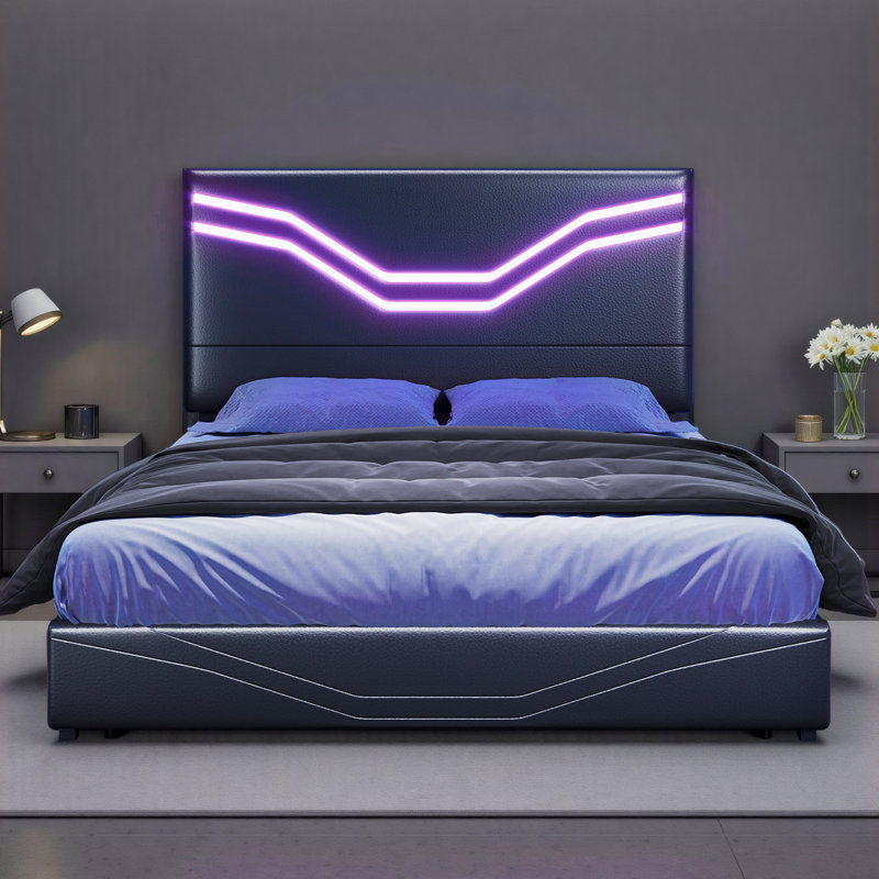 Lit plateforme avec rangement et tête de lit réglable et lumières DEL, Lit simple