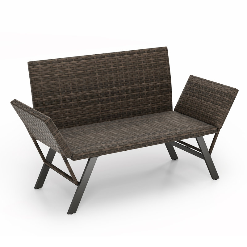 Patio Convertible Sofa for 2 w/ Adjustable Armrests Metal Frame Wicker Couch Outdoor