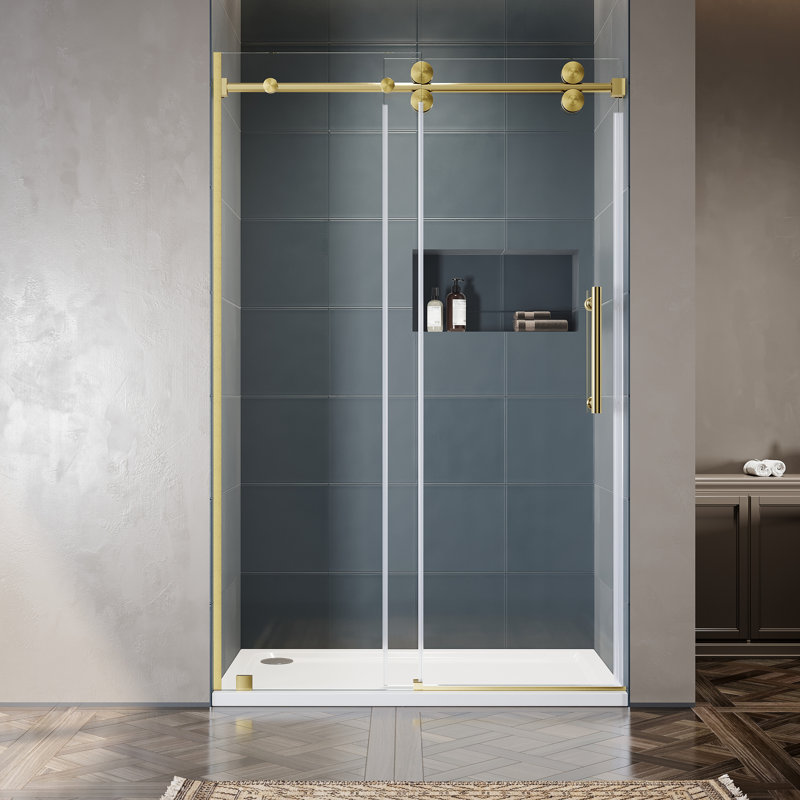 UKS04 46 to 49 in. x 80 in. H Frameless Single Sliding Shower Door with U-Chanel and 3/8 in. (10mm) Clear Glass in Satin Brass
