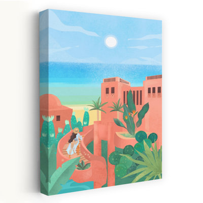 Canary Islands Colorful Abstract Contemporary Palm Tree Cactus Architecture Ocean Wall Art Print 1 Piece Wrapped Canvas Wall Art