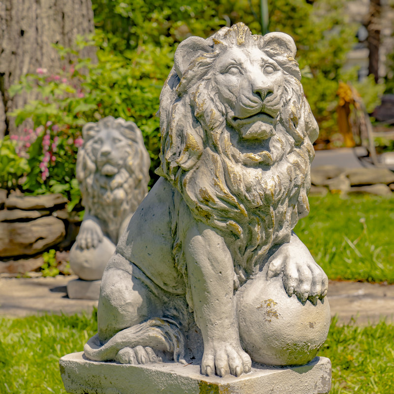 Statue de lion 2 pièces Nenzel, Gris antique / blanc