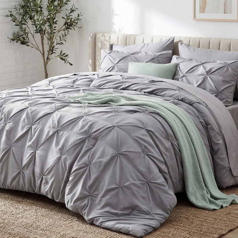 Bedsure Full Pintuck Bed-in-a-Bag- Gray Pinch Pleat Comforter with Sheets, Pillowcases & Shams, Gray