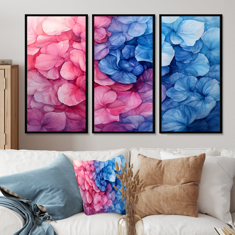 Hortensia coloré tourbillon II - art mural hortensia - ensemble de 3, H 28 po x l 36 po, Noir