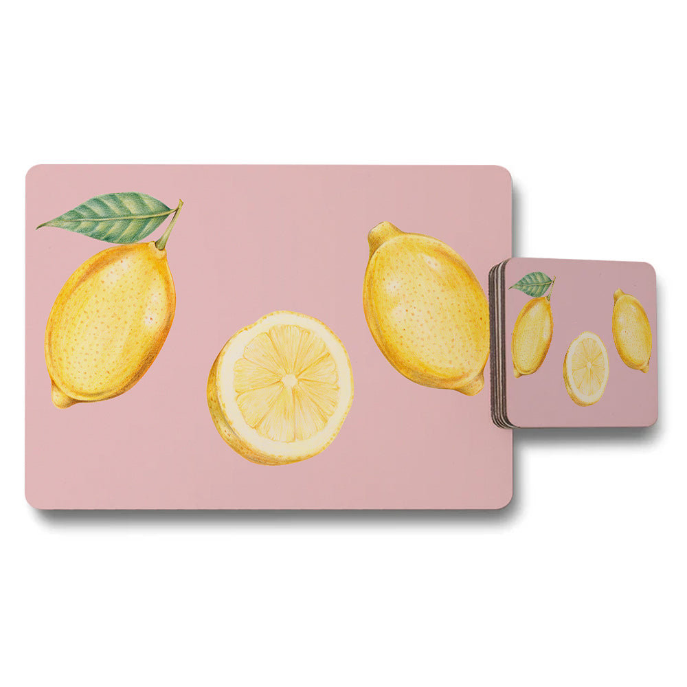 Lemon Placemats And Coaster Set With Yellow Lemons On Pink Background