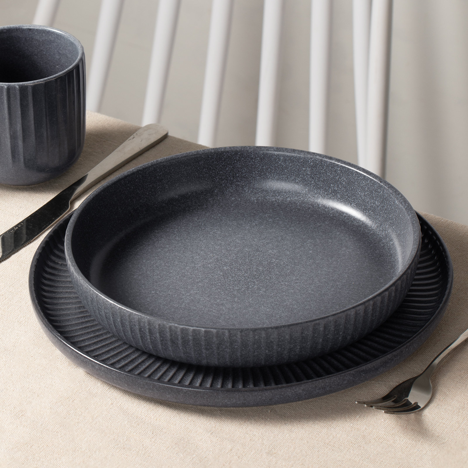  Starlight 4-Piece Stoneware Pasta Bowl Set, Matte Black Gray