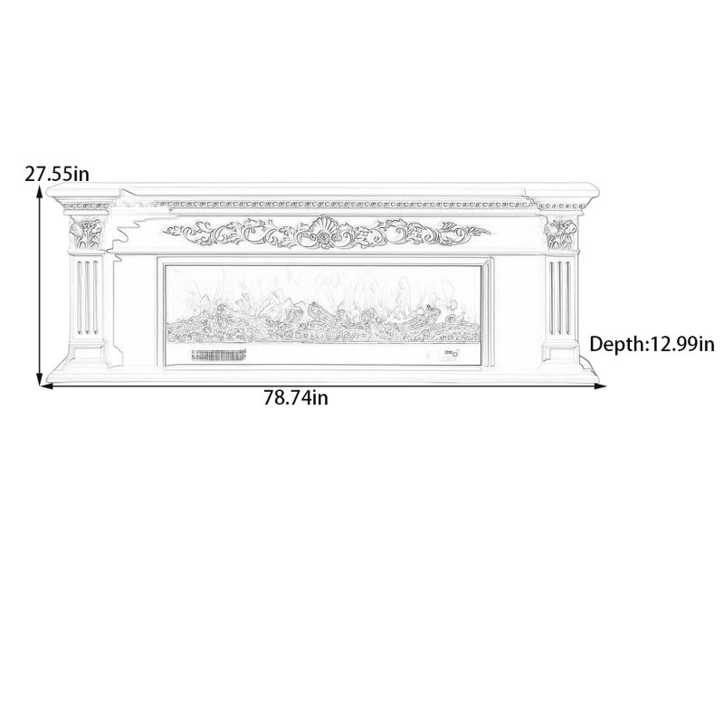 Three-dimensional carving craft fireplace, 27.55" H x 78.74" W x 12.99" D, White