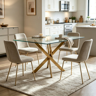 Rectangular Dining Table, 47.2 Inch Tempered Glass Kitchen Table with Gold‑Plated Metal Legs, Modern Multipurpose Table for Dining Room Home Office