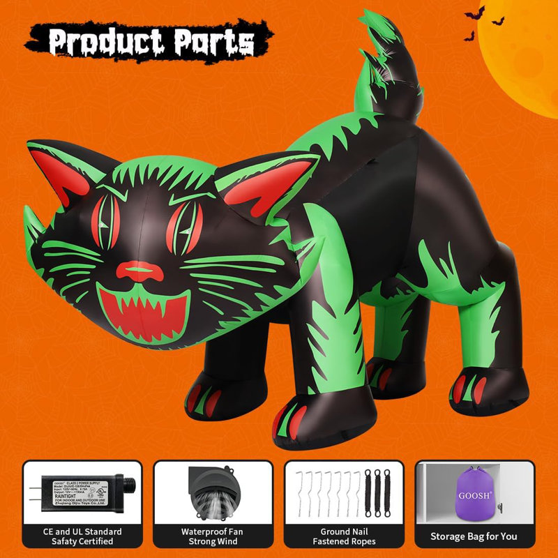 Halloween Inflatable 7ft Green Cat with Shakable Head Scary Halloween Blow up Cat with Built-in LEDs