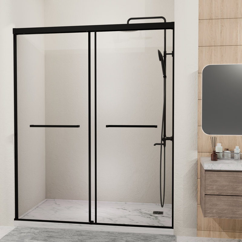 Porte de douche semi - double coulissante, 60 po L 72 H, verre trempé transparent 1/4, noir mat, réversible, étanche, verre H